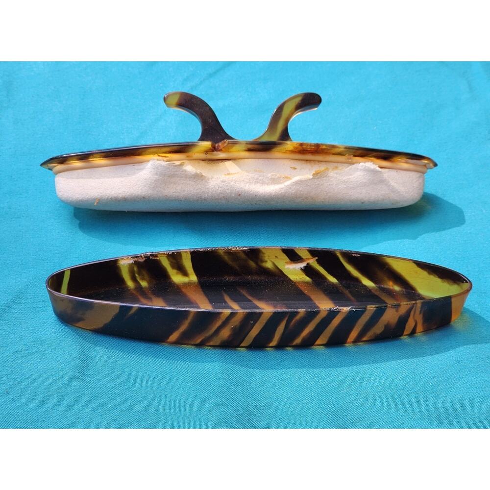 Antique FAUX TORTOISE SHELL NAIL BUFFER in Holder Vanity Accessory 5" Long 1960s